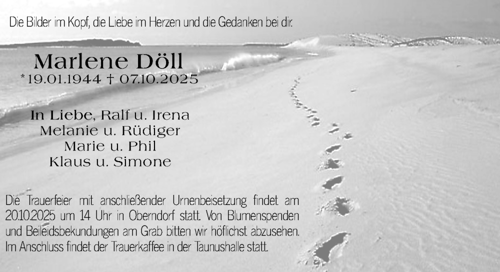  Traueranzeige für Marlene Döll vom 15.10.2025 aus Wetzlarer Neue Zeitung