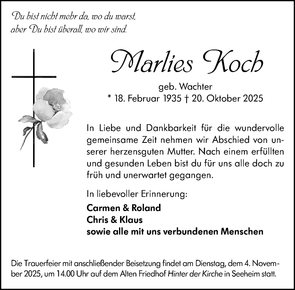  Traueranzeige für Marlies Koch vom 25.10.2025 aus Darmstädter Echo