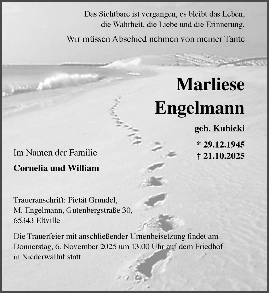  Traueranzeige für Marliese Engelmann vom 25.10.2025 aus Rheingau Kurier