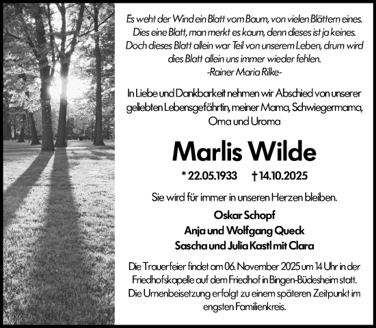 Traueranzeige von Marlis Wilde von Binger-/Ingelheimer Wochenblatt