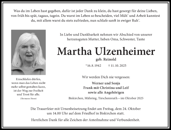 Traueranzeige von Martha Ulzenheimer von Wetzlarer Neue Zeitung