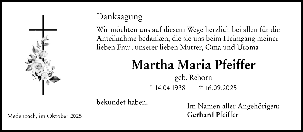  Traueranzeige für Martha Maria Pfeiffer vom 25.10.2025 aus Dill Block