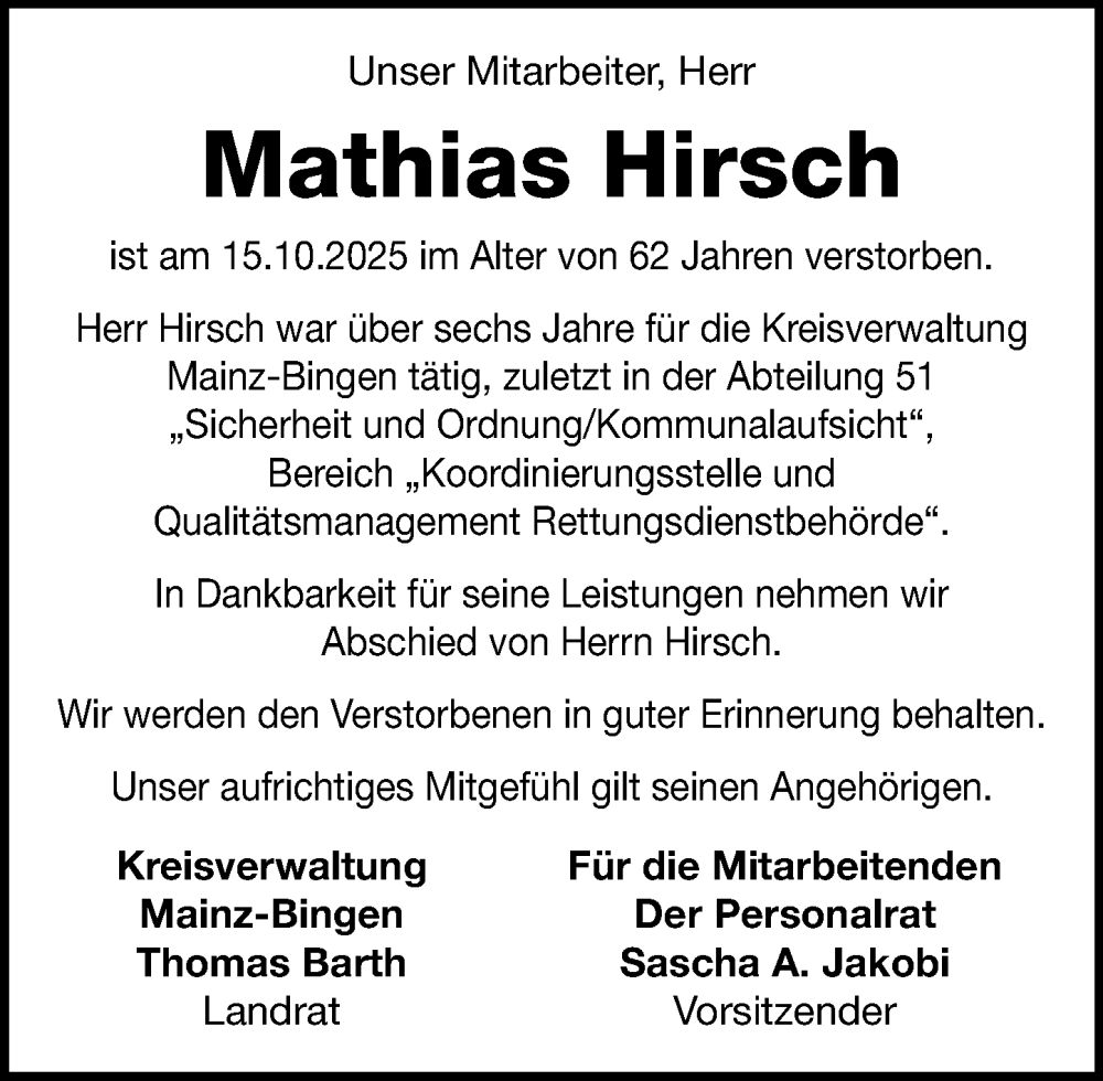  Traueranzeige für Mathias Hirsch vom 22.10.2025 aus Allgemeine Zeitung Mainz
