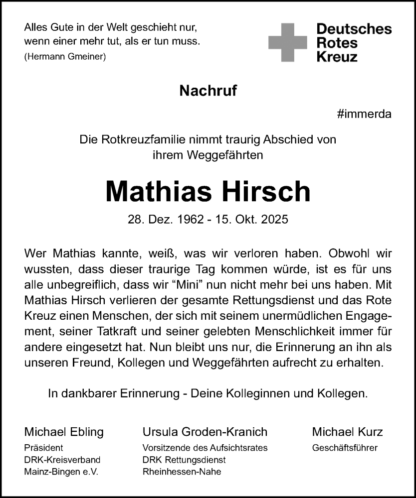  Traueranzeige für Mathias Hirsch vom 25.10.2025 aus Allgemeine Zeitung Mainz