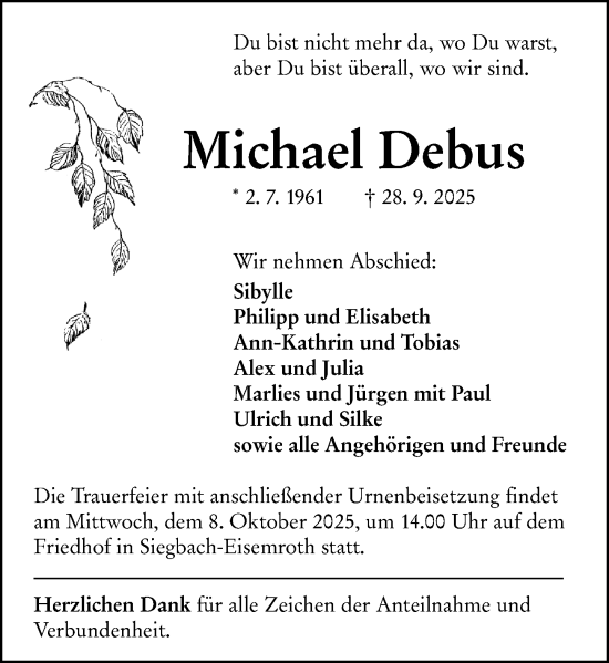 Traueranzeige von Michael Debus von Dill Block