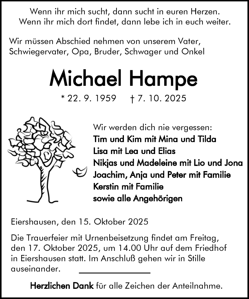  Traueranzeige für Michael Hampe vom 15.10.2025 aus Dill Block