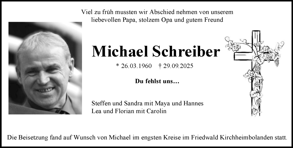  Traueranzeige für Michael Schreiber vom 25.10.2025 aus Allgemeine Zeitung Mainz