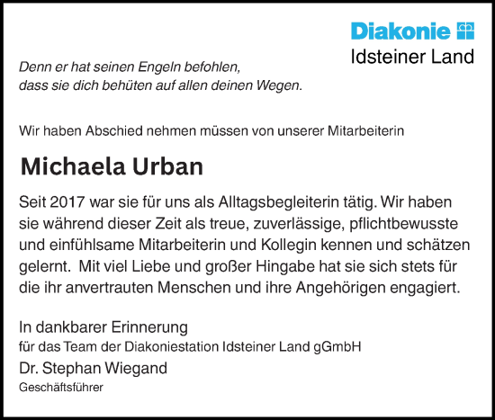 Traueranzeige von Michaela Urban von Idsteiner Land/Untertaunus
