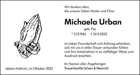 Traueranzeige von Michaela Urban von Idsteiner Land/Untertaunus