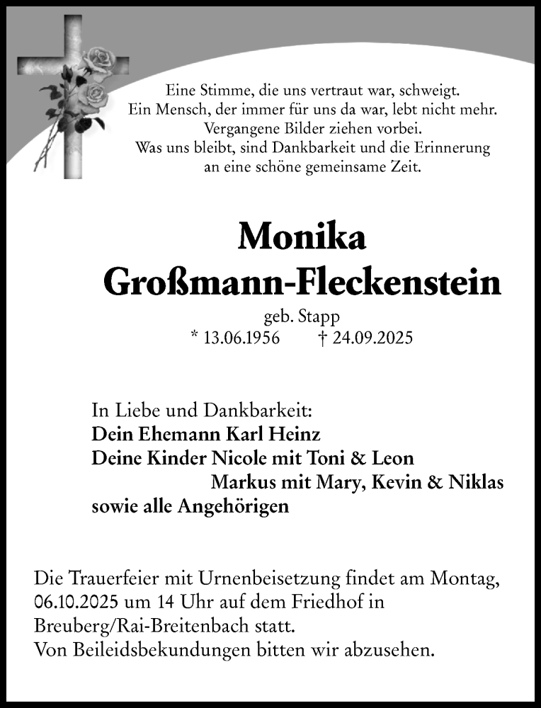  Traueranzeige für Monika Großmann-Fleckenstein vom 04.10.2025 aus Odenwälder Echo