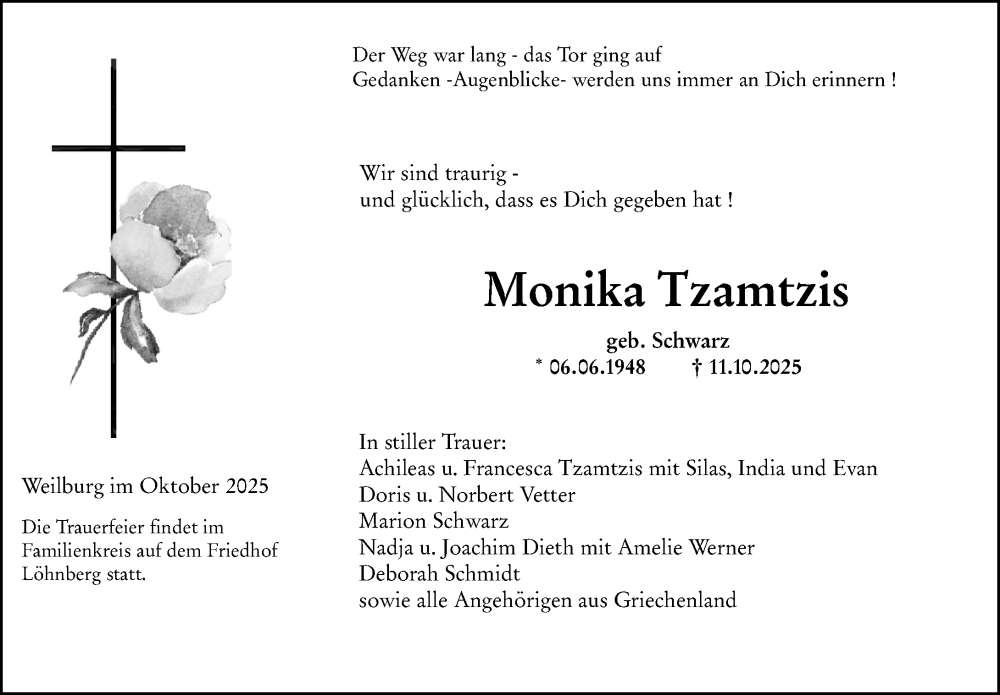  Traueranzeige für Monika Tzamtzis vom 18.10.2025 aus Weilburger Tageblatt