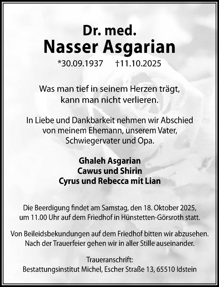  Traueranzeige für Nasser Asgarian vom 16.10.2025 aus Idsteiner Land/Untertaunus