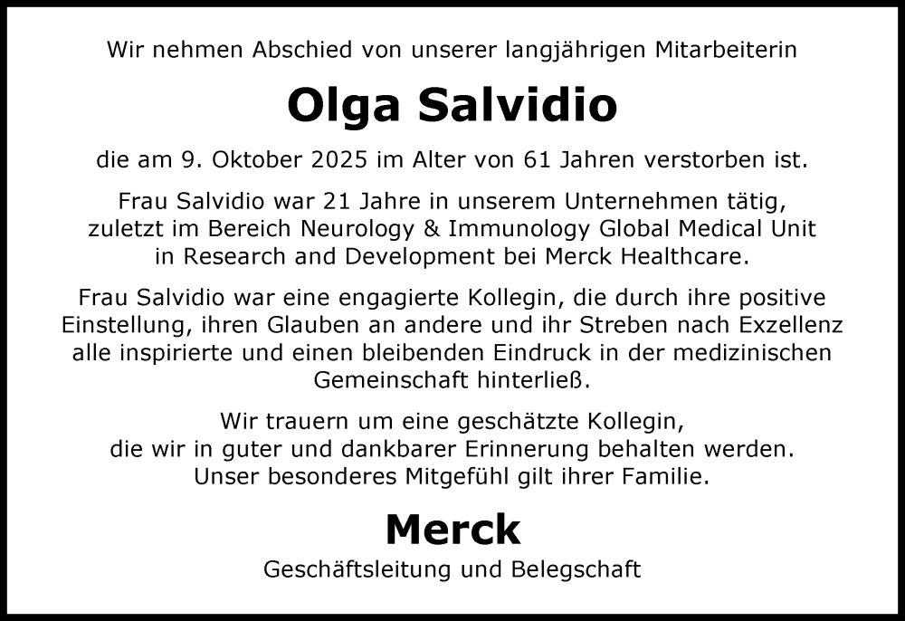  Traueranzeige für Olga Salvidio vom 24.10.2025 aus Darmstädter Echo