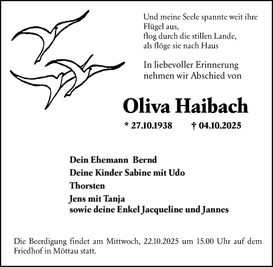 Traueranzeige von Oliva Haibach von Weilburger Tageblatt