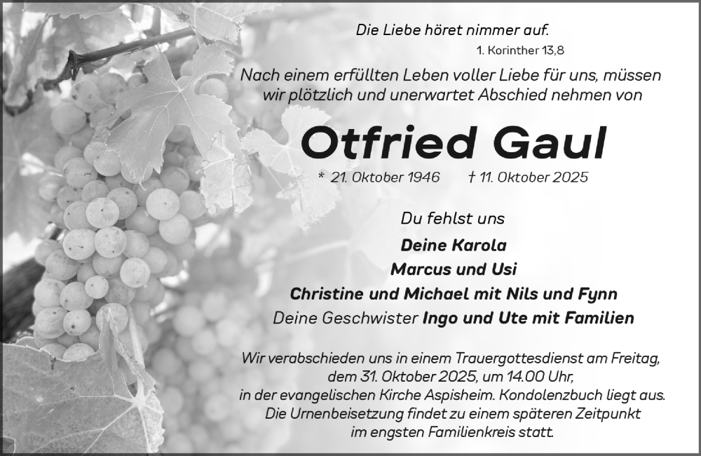  Traueranzeige für Otfried Gaul vom 25.10.2025 aus Allgemeine Zeitung Rheinhessen-Nahe
