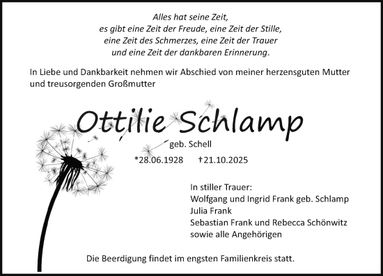 Traueranzeige von Ottilie Schlamp von Allgemeine Zeitung Mainz