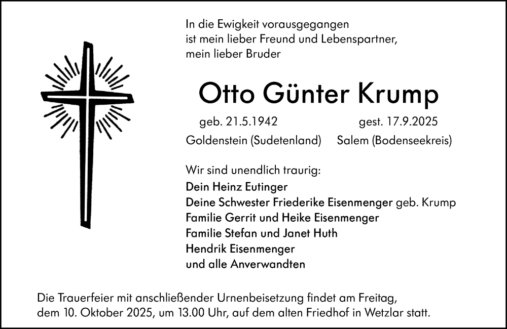  Traueranzeige für Otto Günter Krump vom 04.10.2025 aus Wetzlarer Neue Zeitung