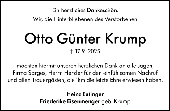 Traueranzeige von Otto Günter Krump von Wetzlarer Neue Zeitung