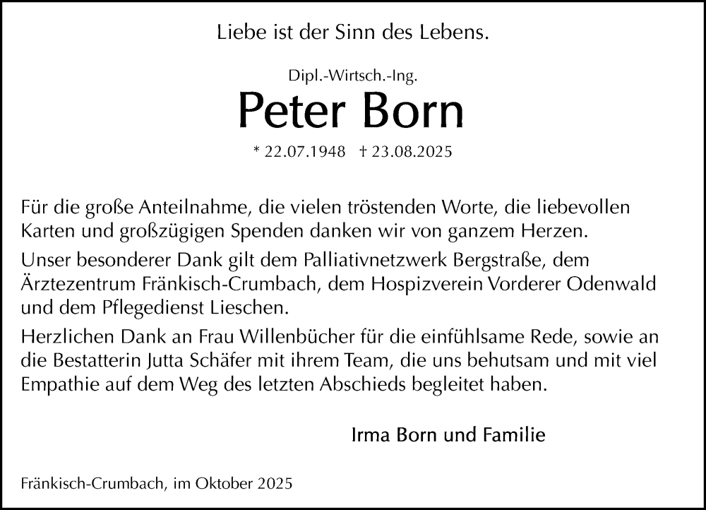  Traueranzeige für Peter Born vom 04.10.2025 aus Odenwälder Echo