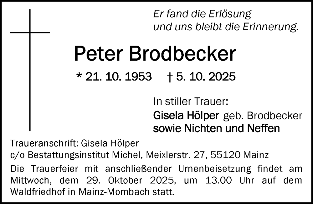  Traueranzeige für Peter Brodbecker vom 18.10.2025 aus Allgemeine Zeitung Mainz