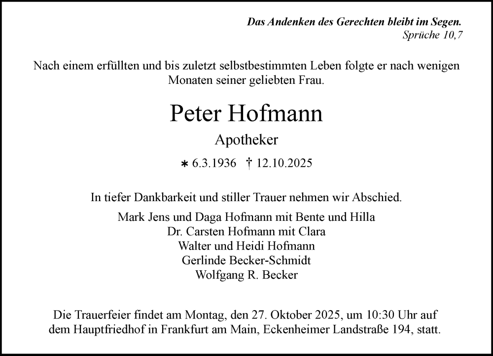  Traueranzeige für Peter Hofmann vom 18.10.2025 aus Rüsselsheimer Echo