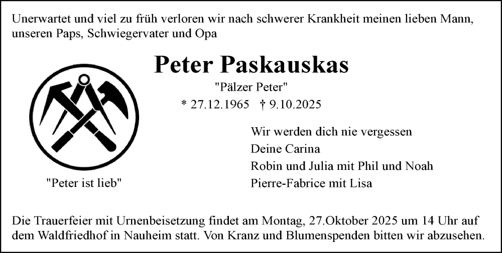  Traueranzeige für Peter Paskauskas vom 22.10.2025 aus Rüsselsheimer Echo