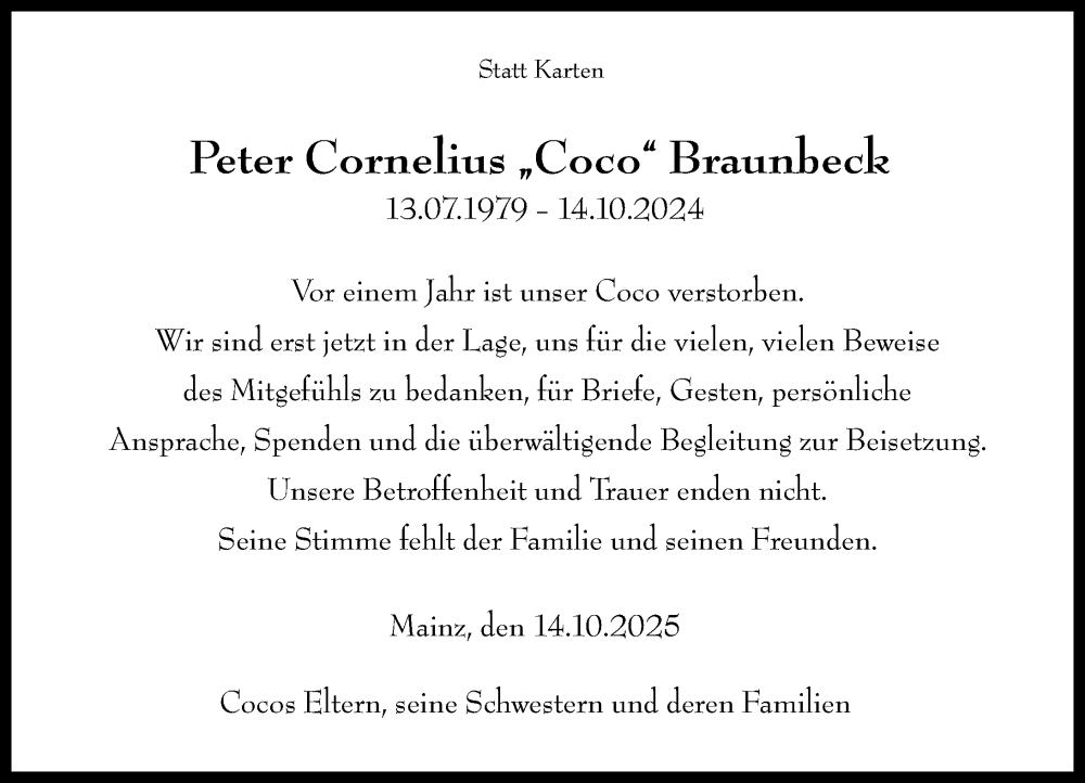  Traueranzeige für Peter Cornelius Braunbeck vom 15.10.2025 aus Allgemeine Zeitung Mainz