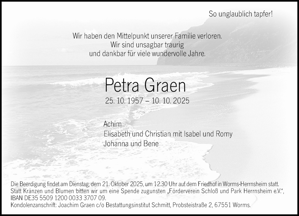  Traueranzeige für Petra Graen vom 17.10.2025 aus Wormser Zeitung