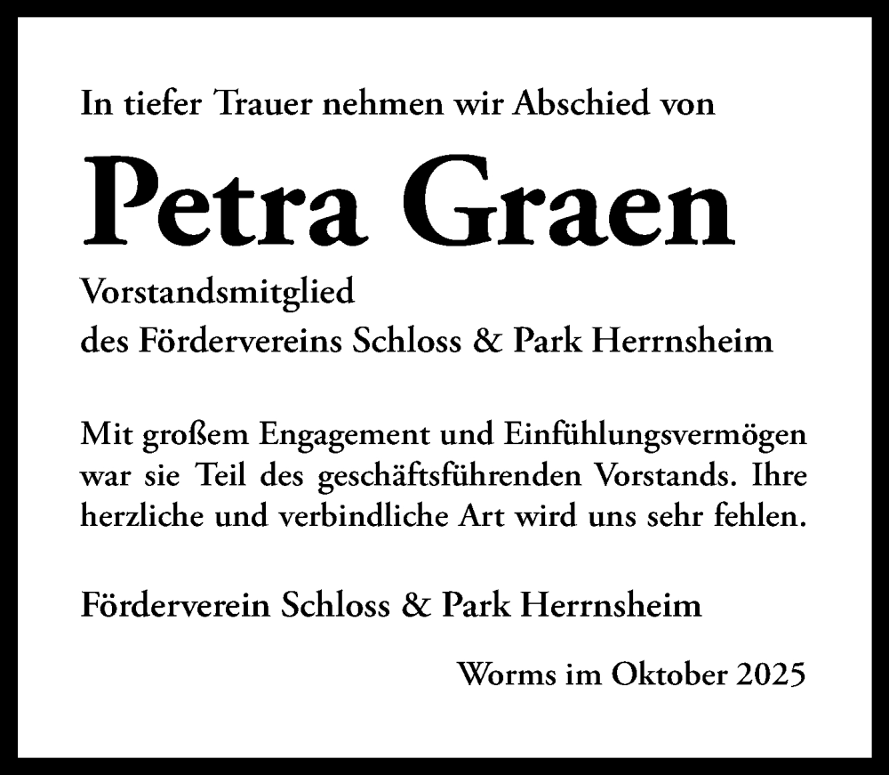  Traueranzeige für Petra Graen vom 17.10.2025 aus Wormser Zeitung