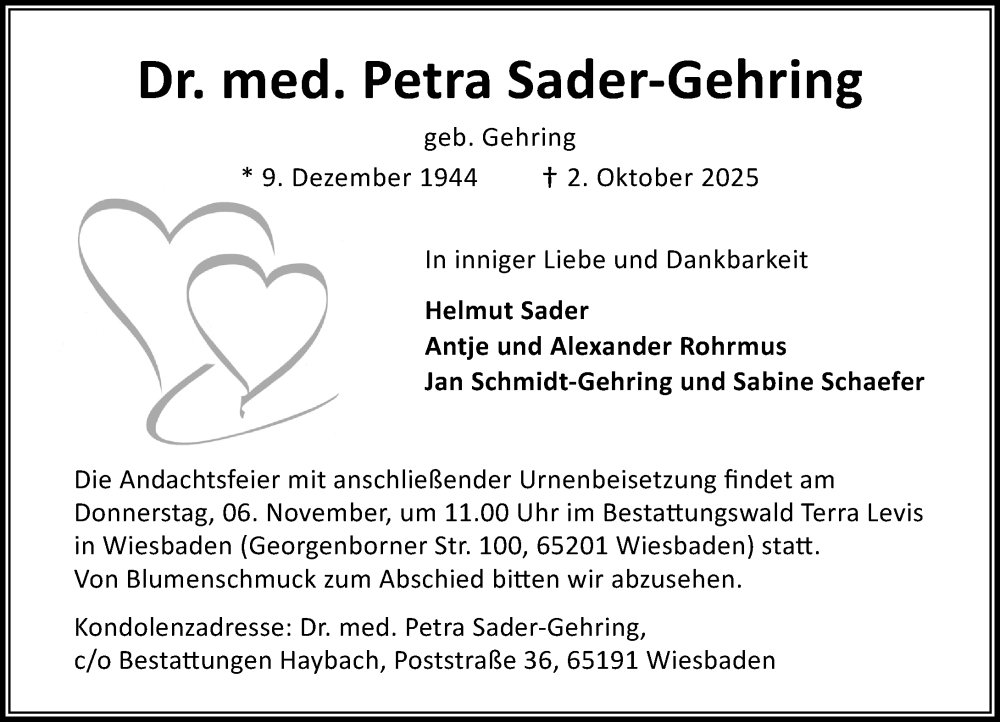  Traueranzeige für Petra Sader-Gehring vom 25.10.2025 aus Wiesbadener Kurier