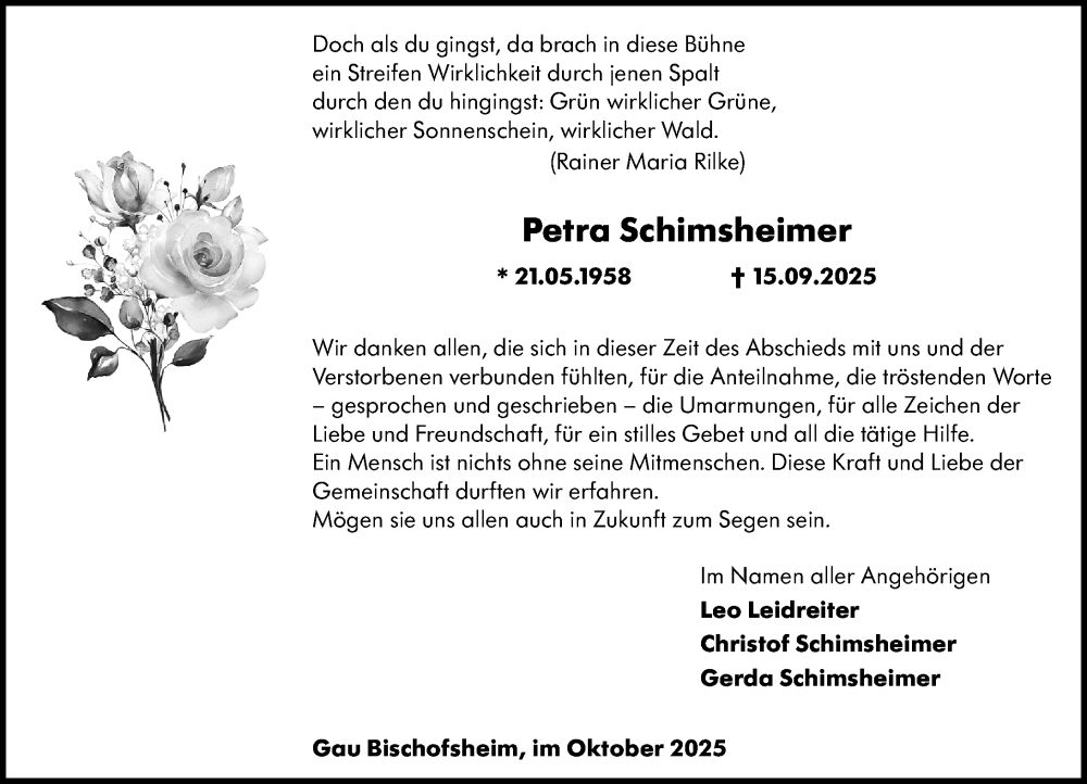  Traueranzeige für Petra Schimsheimer vom 25.10.2025 aus Allgemeine Zeitung Mainz