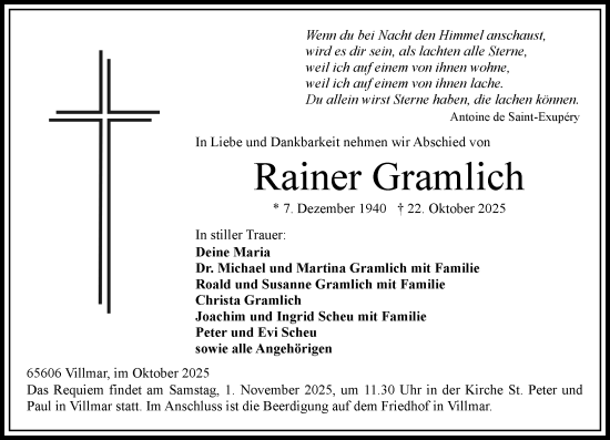 Traueranzeige von Rainer Gramlich von Nassauische Neue Presse