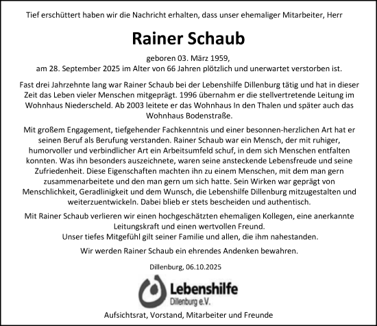 Traueranzeige von Rainer Schaub von Dill Block