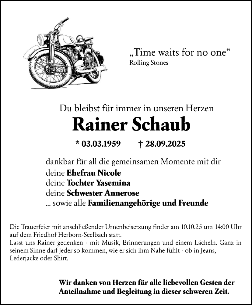  Traueranzeige für Rainer Schaub vom 06.10.2025 aus Dill Block