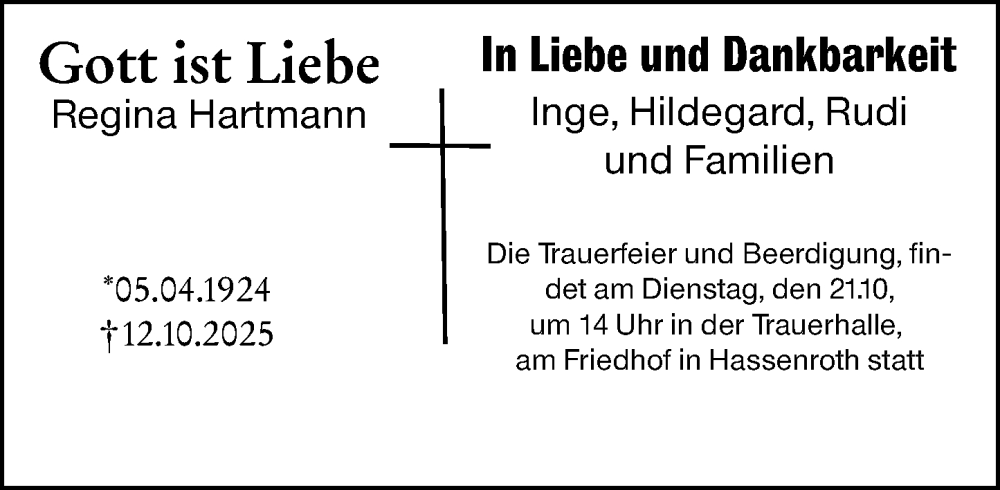  Traueranzeige für Regina Hartmann vom 18.10.2025 aus Odenwälder Echo