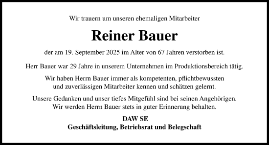 Traueranzeige von Reiner Bauer von Darmstädter Echo