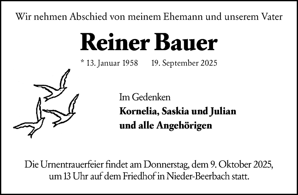  Traueranzeige für Reiner Bauer vom 04.10.2025 aus Darmstädter Echo