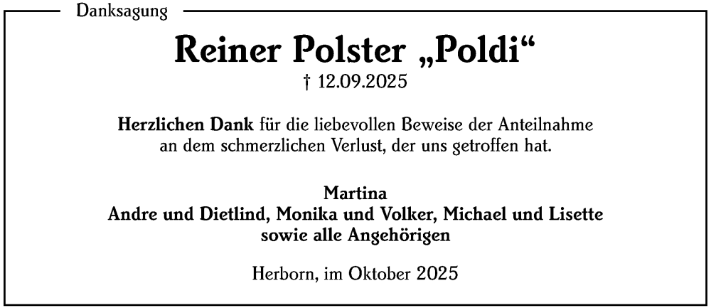  Traueranzeige für Reiner Polster vom 18.10.2025 aus Dill Block