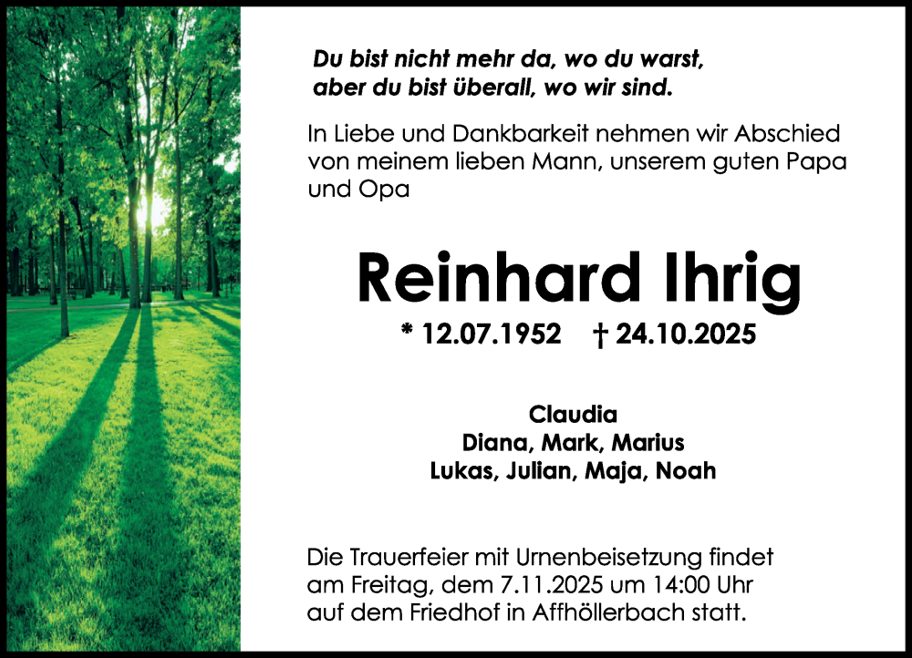  Traueranzeige für Reinhard Ihrig vom 01.11.2025 aus Odenwälder Echo