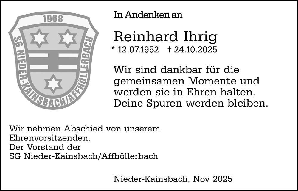  Traueranzeige für Reinhard Ihrig vom 01.11.2025 aus Odenwälder Echo