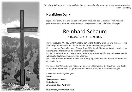 Traueranzeige von Reinhard Schaum von Wetzlarer Neue Zeitung