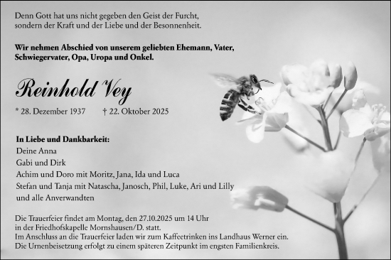 Traueranzeige von Reinhold Vey von Hinterländer Anzeiger