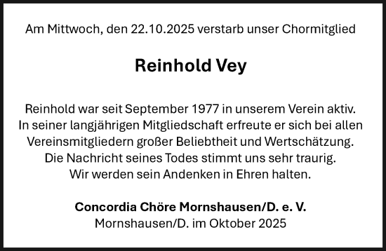 Traueranzeige von Reinhold Vey von Hinterländer Anzeiger