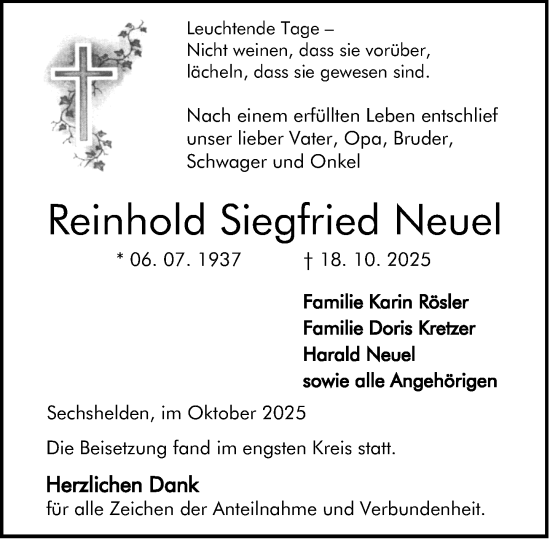 Traueranzeige von Reinhold Siegfried Neuel von Dill Block