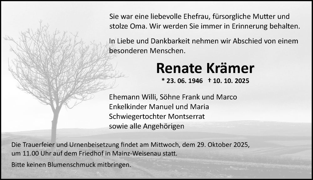  Traueranzeige für Renate Krämer vom 25.10.2025 aus Allgemeine Zeitung Mainz