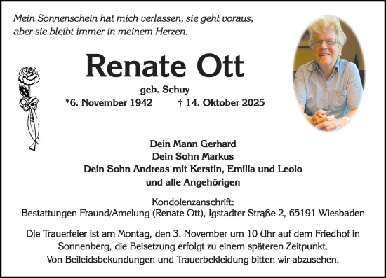 Traueranzeige von Renate Ott von Wiesbadener Kurier