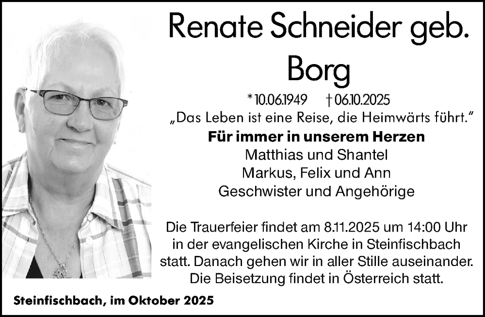  Traueranzeige für Renate Schneider vom 30.10.2025 aus Camberger Anzeiger