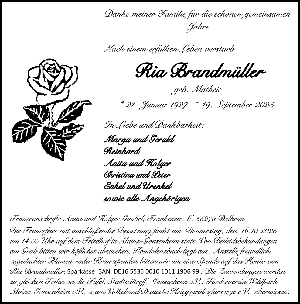  Traueranzeige für Ria Brandmüller vom 04.10.2025 aus Allgemeine Zeitung Mainz