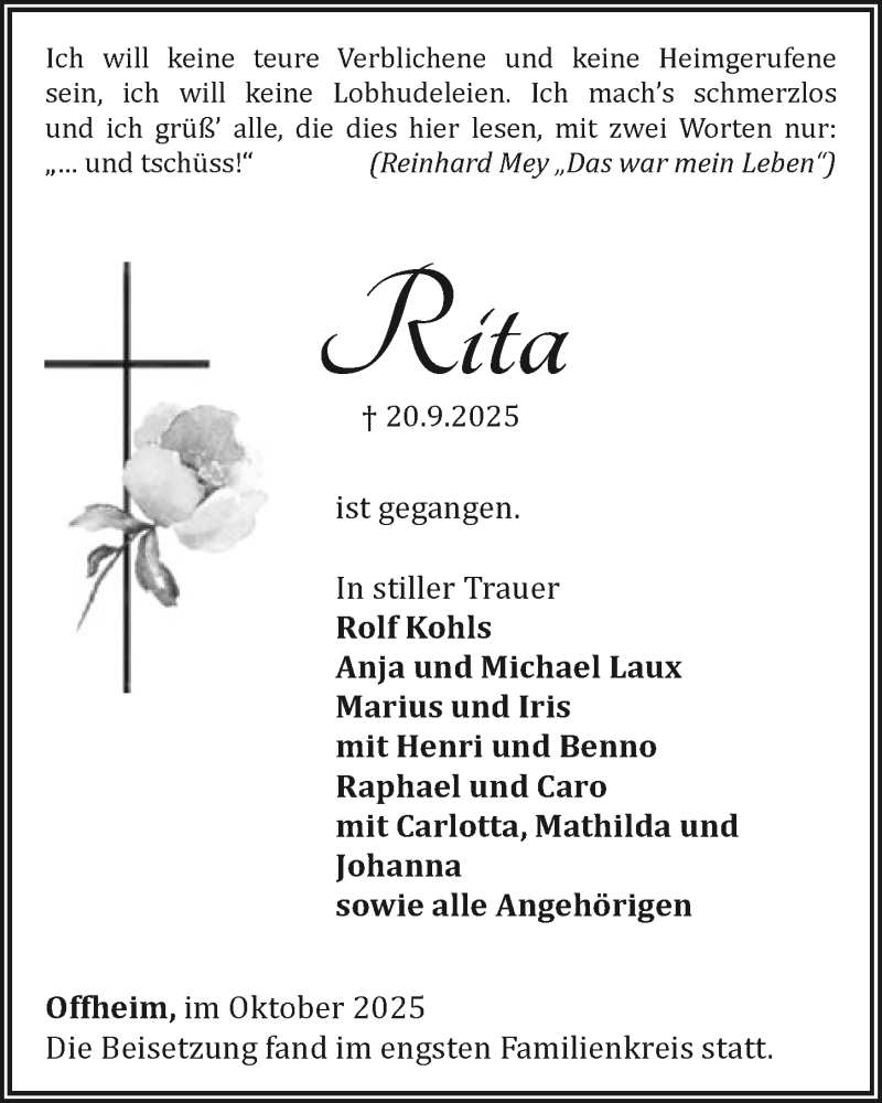  Traueranzeige für Rita  vom 04.10.2025 aus Nassauische Neue Presse