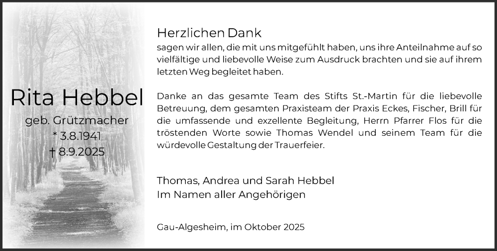  Traueranzeige für Rita Hebbel vom 04.10.2025 aus Allgemeine Zeitung Rheinhessen-Nahe